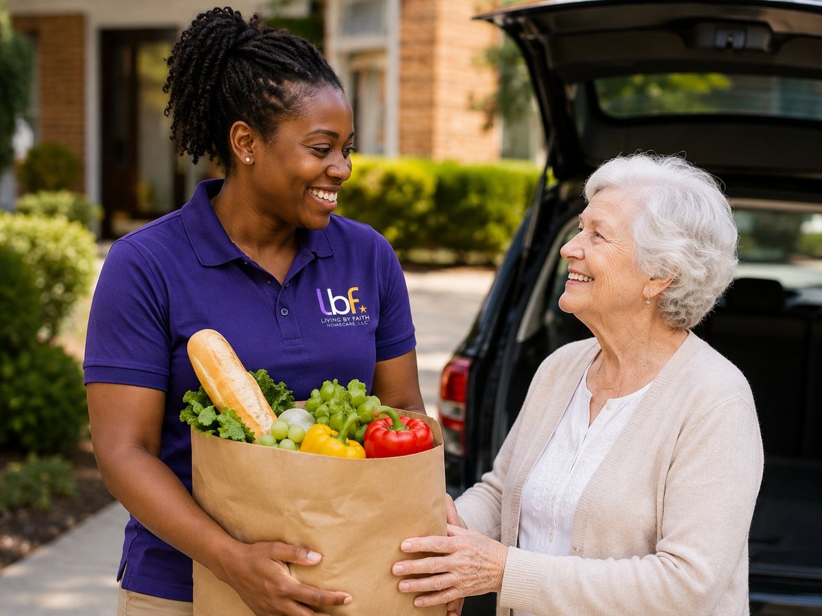 African American female caregiver assisting an older adult with groceries