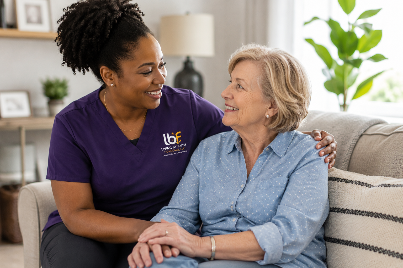 African American woman caregiver with Caucasian older client